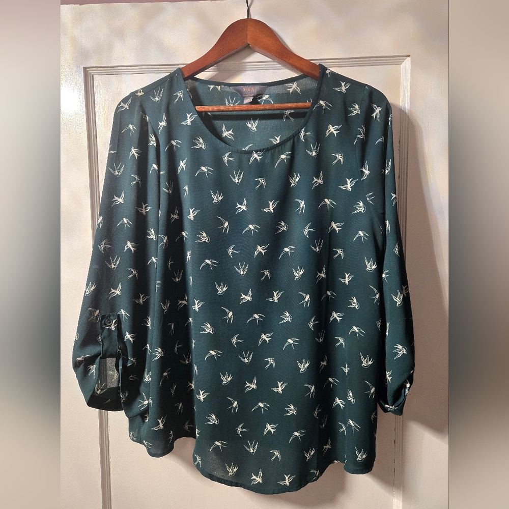 Mix By 41 Hawthorn Forest Green Bird Pattern Blouse Sz L